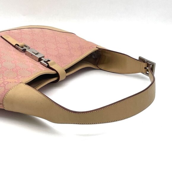 Authentic GUCCI GG Monogram Web Jackie O Hobo Pink Shoulder Bag Sherry Leather - Picture 4 of 7